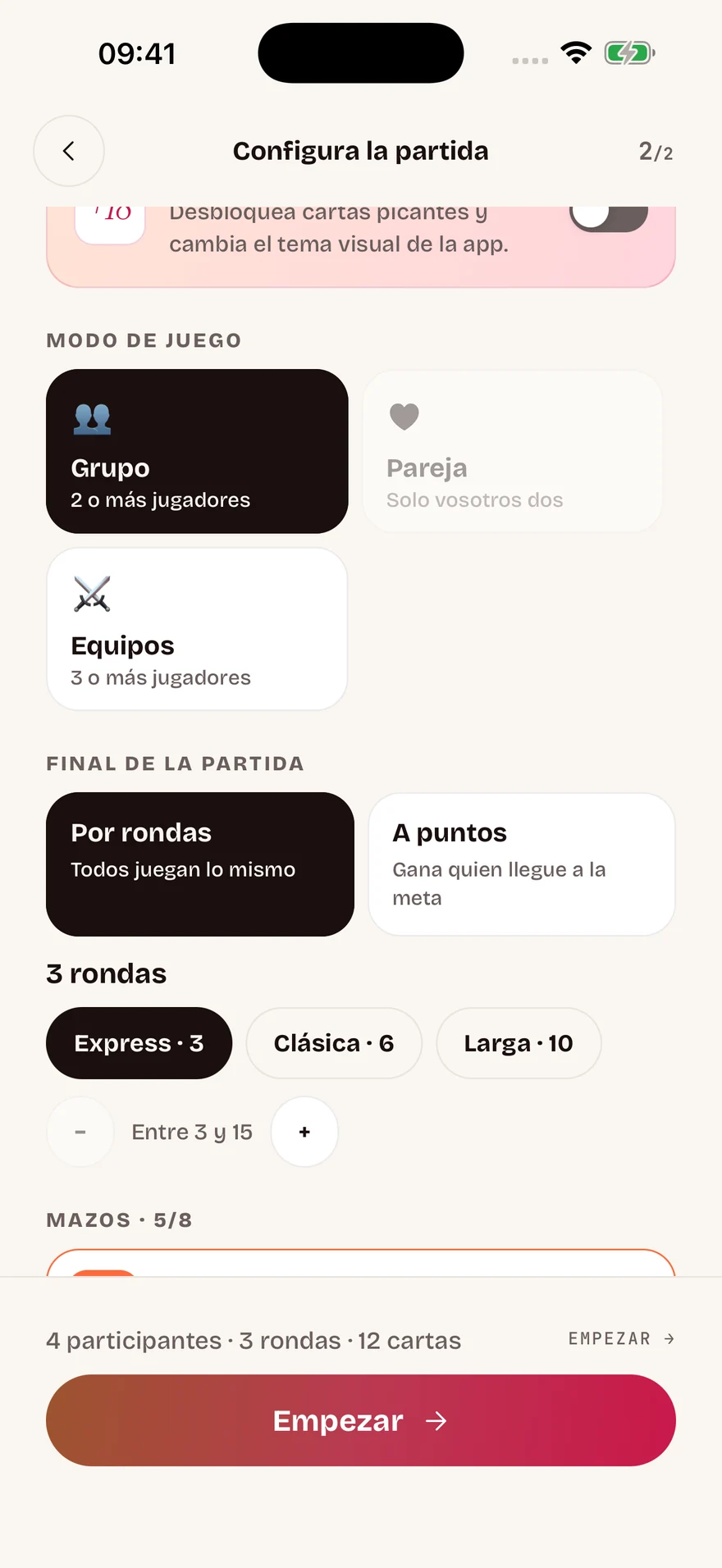 Configuración real de Atrévete: modo de juego, final por rondas y accesos Express, Clásica y Larga