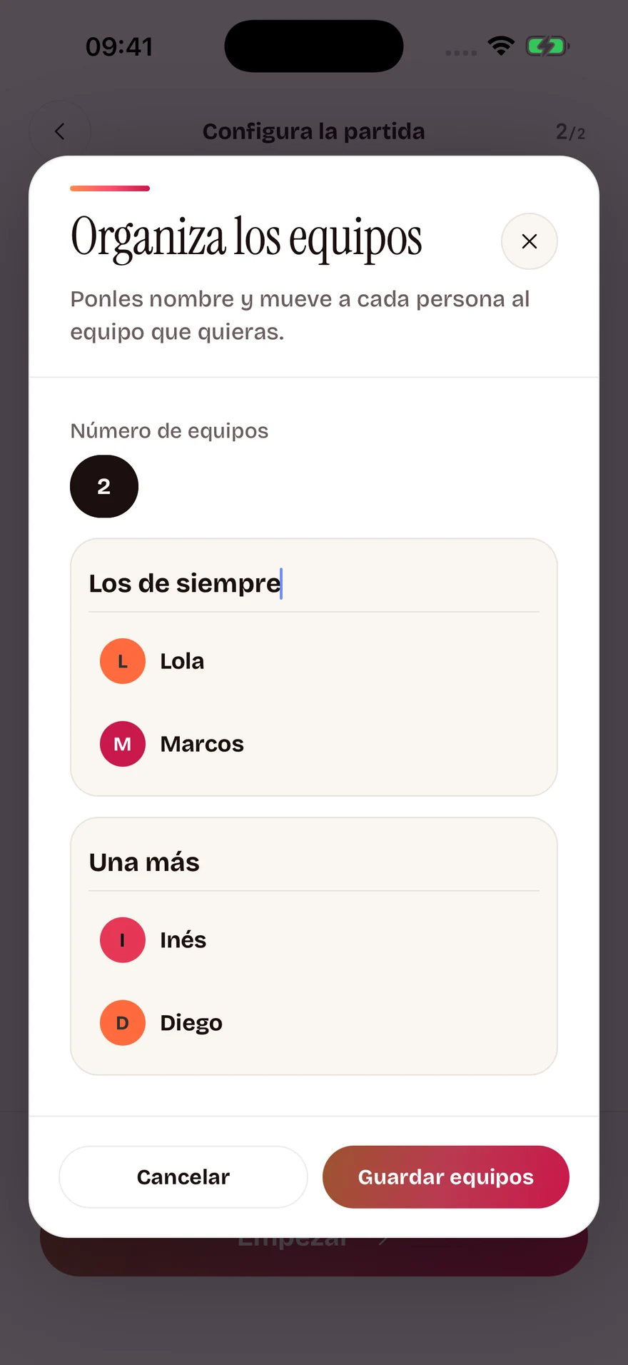 Organización de equipos en Atrévete, con nombres e integrantes